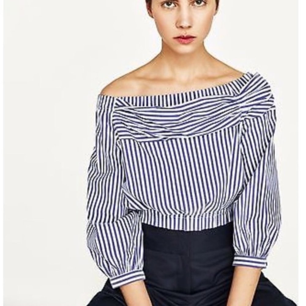 Zara Blue and White Long Sleeve off Shoulder Top Blouse Small in excellent cond